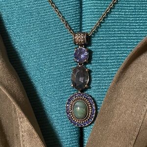NRT Faux Gemstone and Rhinestone Green and Blue Pendant Statement Necklace